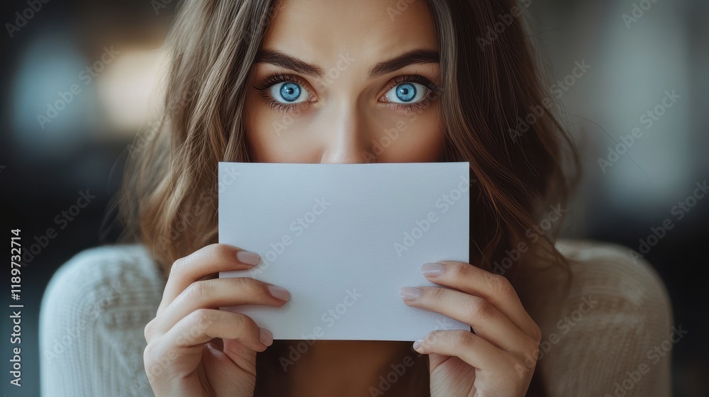 Young woman with bright blue eyes holding blank paper Young woman with bright blue eyes holding blank paper