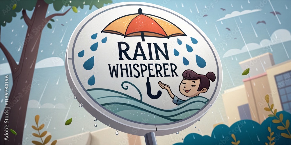 Obraz premium Mural depicting a whimsical character under an umbrella during a rain shower in a lively urban setting
