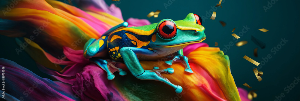 Obraz premium Vibrant Frog on Rainbow Fabric