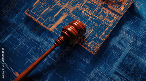 Gavel Symbol Positioned on a Courthouse Floor Plan Blueprint Signifying Justice and Meticulous Legal Building Design