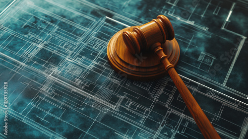 Gavel Symbol Positioned on a Courthouse Floor Plan Blueprint Signifying Justice and Meticulous Legal Building Design