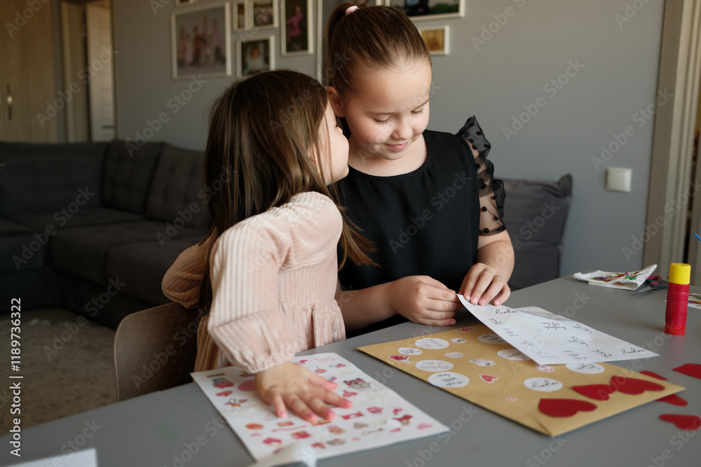 Two young girls engaged in a creative activity, crafting and sharing a moment of bonding at home, fostering creativity, friendship in a comfortable living room. Two young girls engaged in a creative activity, crafting and sharing a moment of bonding at home, fostering creativity, friendship in a comfortable living room.