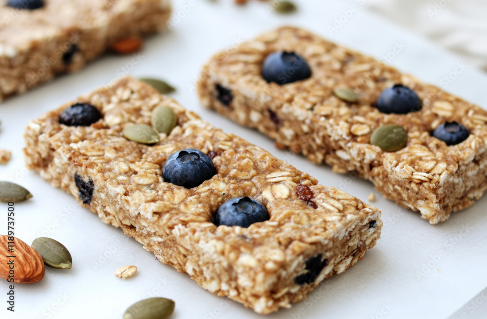 three granola bars with blueberries and pumpkin seeds, arranged on the right side against a white background. three granola bars with blueberries and pumpkin seeds, arranged on the right side against a white background.