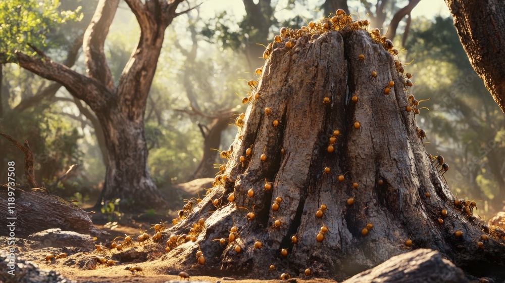 A vivid image of a termite mound with worker termites busily climbing A vivid image of a termite mound with worker termites busily climbing