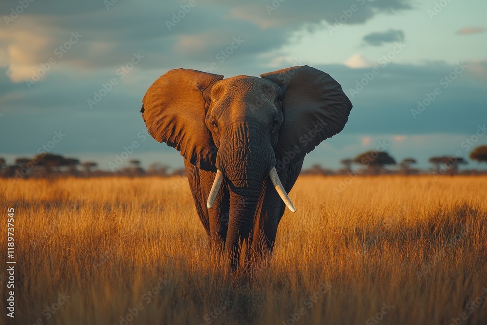 Fototapeta premium Majestic African elephant in golden savanna at sunset.
