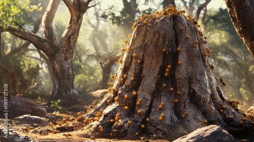 A vivid image of a termite mound with worker termites busily climbing photo