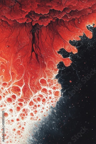 Abstract fluid acrylic pour painting in red, black and white.  Unique texture and marbling effect. photo