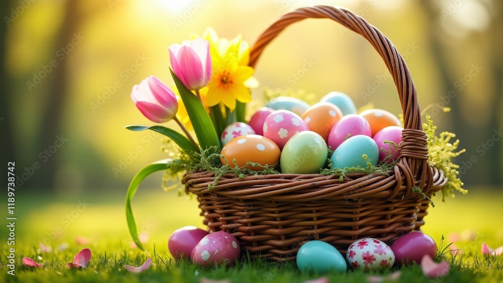A basket overflowing with decorated Easter eggs, fresh spring flowers, and candies. Sunlit ambiance with green grass and petals creates a joyful, abundant spring scene. A basket overflowing with decorated Easter eggs, fresh spring flowers, and candies. Sunlit ambiance with green grass and petals creates a joyful, abundant spring scene.
