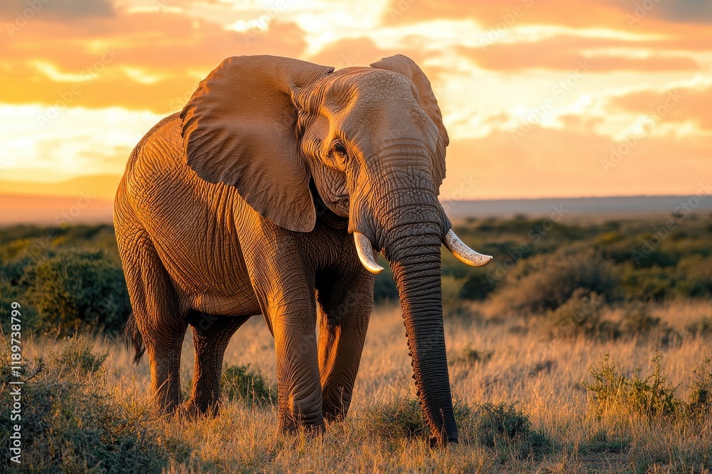 Fototapeta premium African elephant silhouetted against a vibrant sunset.
