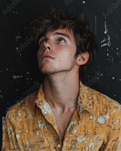 Closeup portrait of a young Caucasian man looking up, wearing a mustard yellow patterned shirt against a dark background. photo