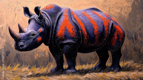 A painting of a rhinoceros with vibrant orange and purple hues, standing in a grassy landscape. photo