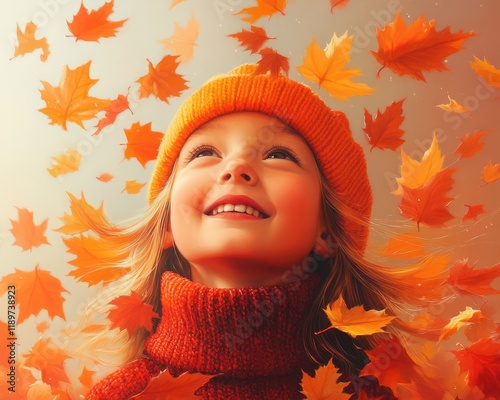 A smiling girl in a red sweater and orange hat is surrounded by falling autumn leaves. photo