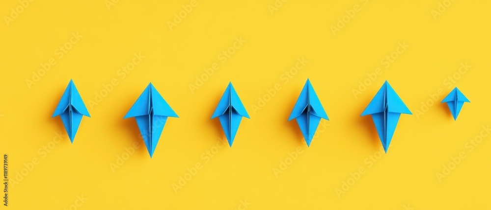 Fototapeta premium Blue Paper Airplanes Ascending on Yellow Background Representing Business Growth and Success