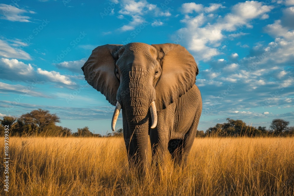 Fototapeta premium Majestic African elephant in tall grass under a vibrant blue sky.