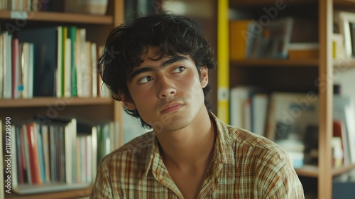 Pensieve Young Man in a Library: A Portrait of Contemplation photo