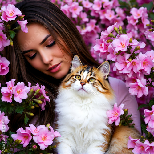 a woman with long hair and a cat in pink flowers photo