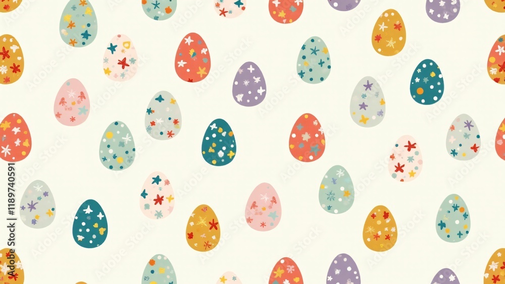 A seamless pattern of colorful Easter eggs with modern and vintage designs, ideal for fabric prints, stationery, and digital decor. Bold colors, pastel florals, and geometric shapes. A seamless pattern of colorful Easter eggs with modern and vintage designs, ideal for fabric prints, stationery, and digital decor. Bold colors, pastel florals, and geometric shapes.