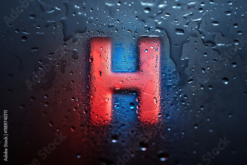 Close-up of Water Droplets on Glass Forming an H Shape in a Red and Blue Gradient photo