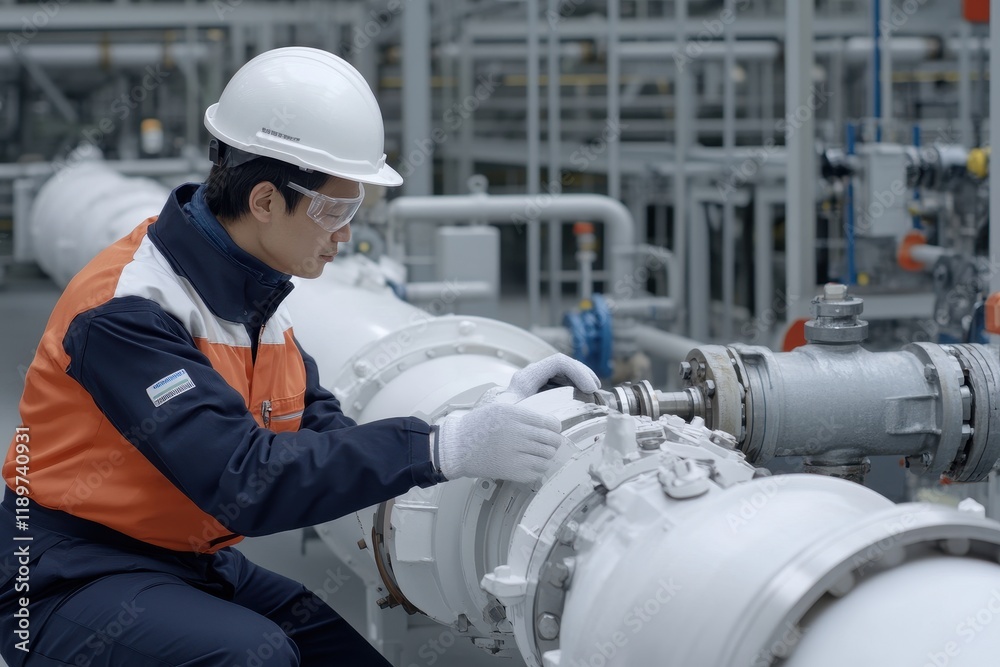 Engineer in Safety Gear Working on Industrial Pipe System in Modern Factory Setting with Focused Expression and Precision Tools Engineer in Safety Gear Working on Industrial Pipe System in Modern Factory Setting with Focused Expression and Precision Tools