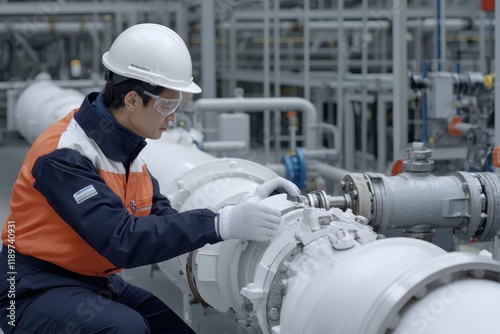 Engineer in Safety Gear Working on Industrial Pipe System in Modern Factory Setting with Focused Expression and Precision Tools