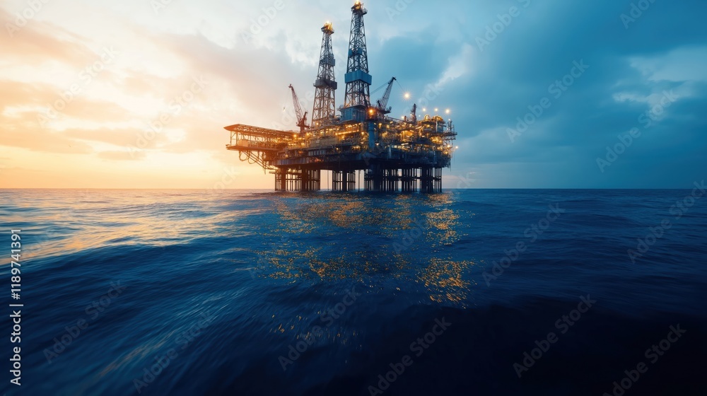 Offshore oil rig at dawn. Powerful energy platform stands tall in ocean waves. Sunrise reflects in water around rig. Lights illuminate structure complex machinery. Oil extraction, energy production Offshore oil rig at dawn. Powerful energy platform stands tall in ocean waves. Sunrise reflects in water around rig. Lights illuminate structure complex machinery. Oil extraction, energy production