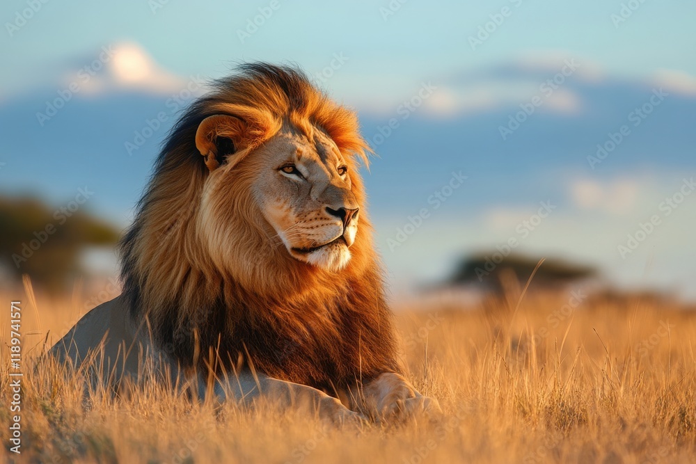 Fototapeta premium Majestic male lion rests in golden savanna grass at sunset.