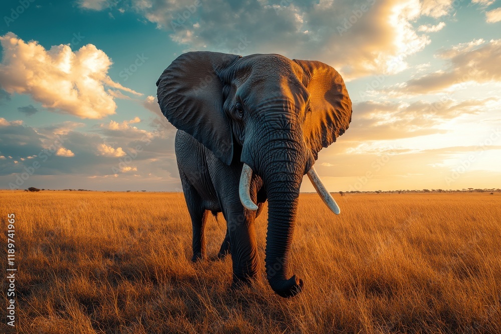 Fototapeta premium Majestic African elephant silhouetted against a vibrant sunset.