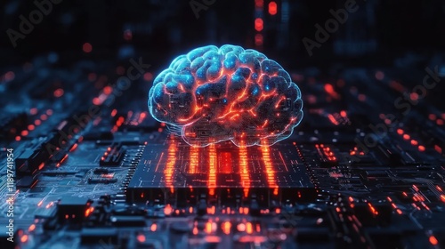 3D Brain Circuit on Microchip Glowing in Blue and Red for AI and Big Data Processing photo