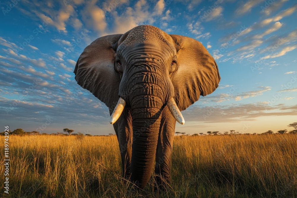 Naklejka premium Majestic African elephant in golden savanna at sunset.