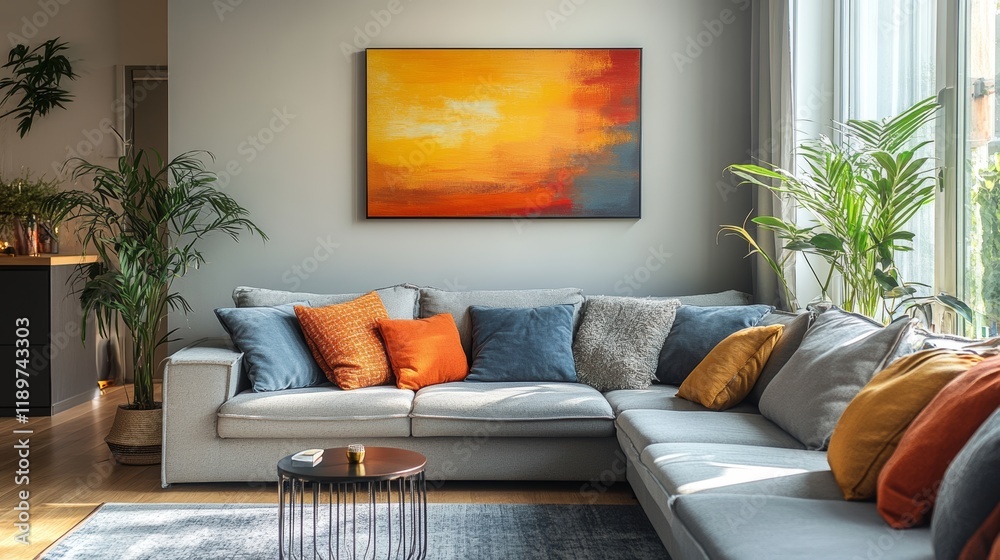 Blur effect of Minimalistic, bright, modern living room interior with beige sofa and large window., Blur effect of Minimalistic, bright, modern living room interior with beige sofa and large window.,