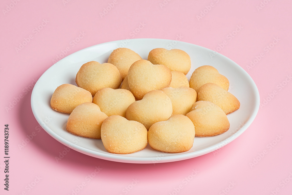 Heart-shaped cookies arranged on a white plate against a pink background for a sweet celebration, such as birthday, Valentine's day. minimalism. Heart-shaped cookies arranged on a white plate against a pink background for a sweet celebration, such as birthday, Valentine's day. minimalism.