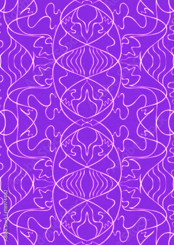 Hand-drawn abstract seamless ornament. Neon purple (proton purple) background and glowing pink pattern on it. Cloth texture. Digital artwork, A4, vertical. (pattern: p02-1d)
