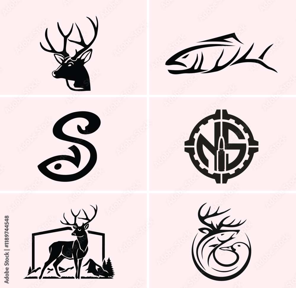 Naklejka premium hunting Deer Duck and fish minimalist logo design 