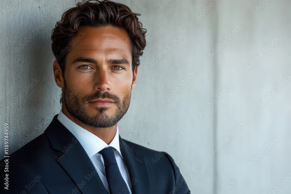 Confident Businessman in Tailored Dark Suit with Arms Crossed on Minimalistic White Background Confident Businessman in Tailored Dark Suit with Arms Crossed on Minimalistic White Background