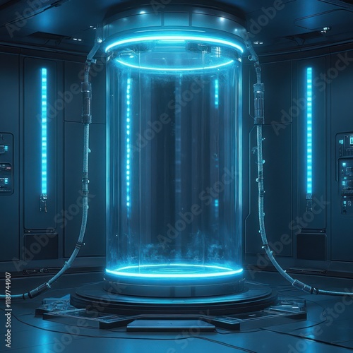 Futuristic Laboratory with Glowing Chamber High Tech Sci Fi Background Cryogenic Tank photo