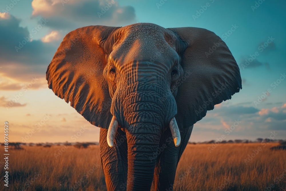 Fototapeta premium Majestic African elephant at sunset. Golden hour light bathes its wrinkled skin.
