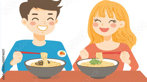A Caucasian couple smiling and eating udon in Japan