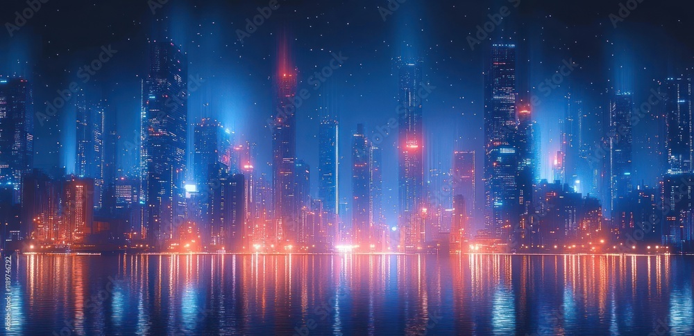 Obraz premium Futuristic Cityscape at Night with Neon Lights and Reflections in Water Surface