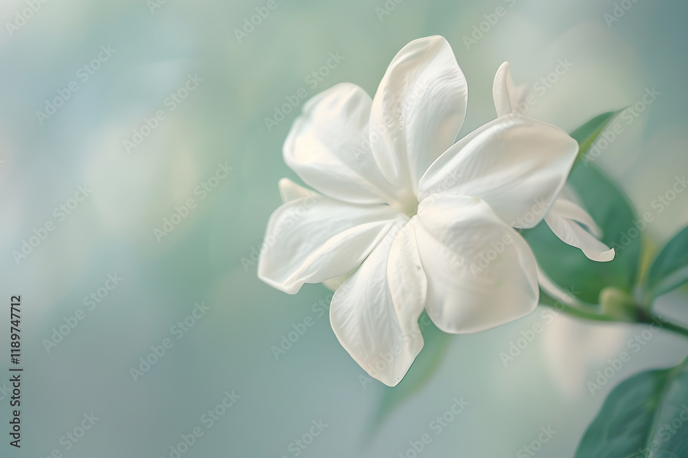Fototapeta premium Elegance Embodied: The Pristine Beauty of a Serene White Jasmine Bloom Amidst Green Foliage