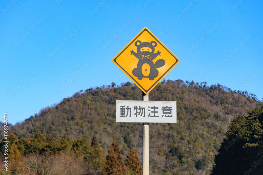 Japanese Raccoon Dog Warning Sign near Highway Japanese Raccoon Dog Warning Sign near Highway