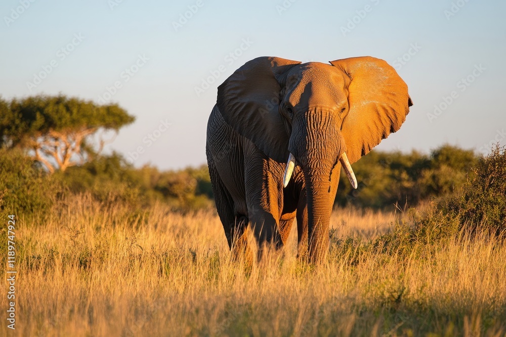 Obraz premium Majestic African elephant in golden savanna light.
