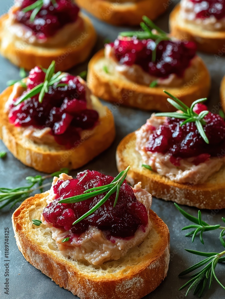 Crispy toasted baguette slices topped with rabbit rillettes, cranberry red wine confiture. Rosemary sprigs garnish savory sweet, sour appetizer. Delicious appetizer starter idea for festive occasion. Crispy toasted baguette slices topped with rabbit rillettes, cranberry red wine confiture. Rosemary sprigs garnish savory sweet, sour appetizer. Delicious appetizer starter idea for festive occasion.