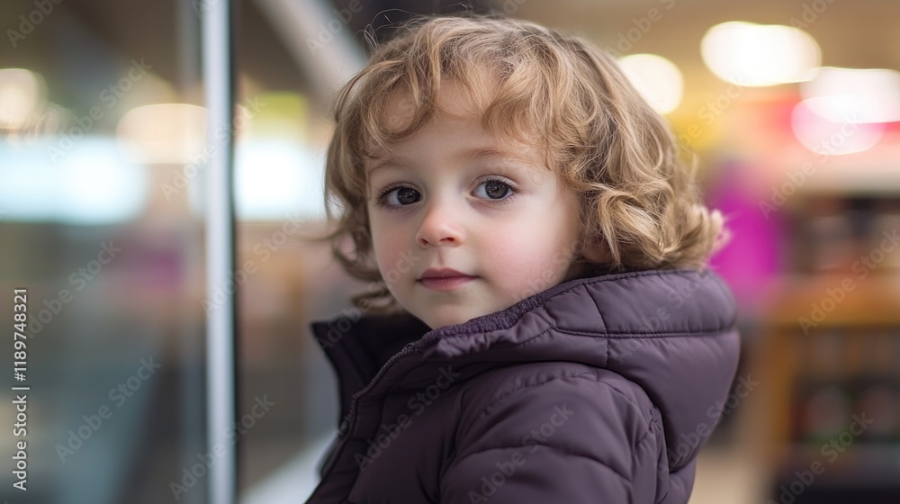 A curious child gazes thoughtfully while adventuring through a lively mall, surrounded by festive sights and sounds during a family shopping day A curious child gazes thoughtfully while adventuring through a lively mall, surrounded by festive sights and sounds during a family shopping day