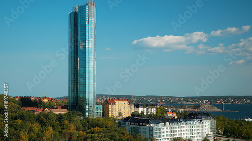 Gothenburg, Sweden ? september 7 2007: Looking up tall glass and steel high-rise of Gothia Towers. photo