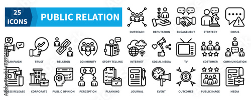 PUBLIC RELATION icon collection set. Containing  outreach, reputation, strategy, trust, relation, community, communication icon. Simple black outline vector.