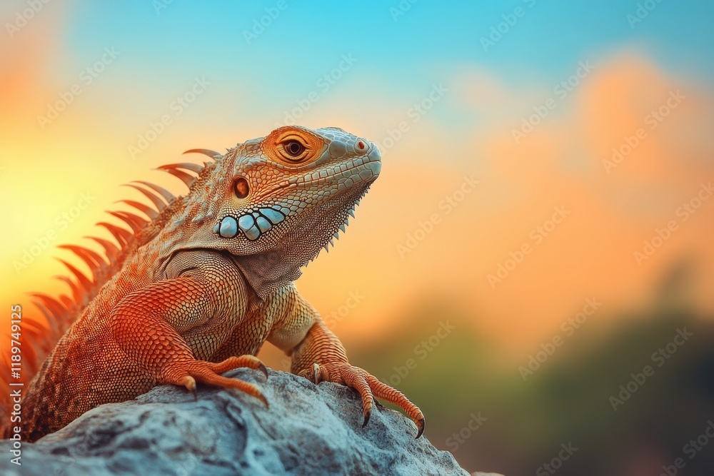 Fototapeta premium Vibrant iguana basking in the sunset's glow.