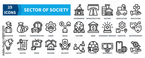 SECTOR OF SOCIETY icon collection set. Containing government, infrastructure, factory, agriculture, healthcare, education, transportation icon. Simple black outline vector.