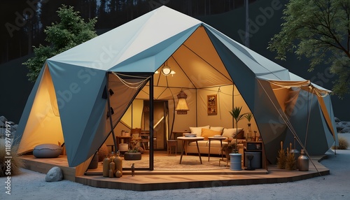 Luxurious Glamping Tent  Night Scene  Geodesic Dome