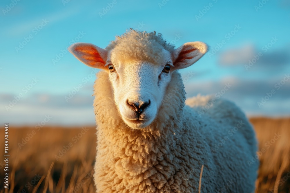 Fototapeta premium A fluffy sheep stares directly at the camera in a field of golden grass under a vibrant blue sky.