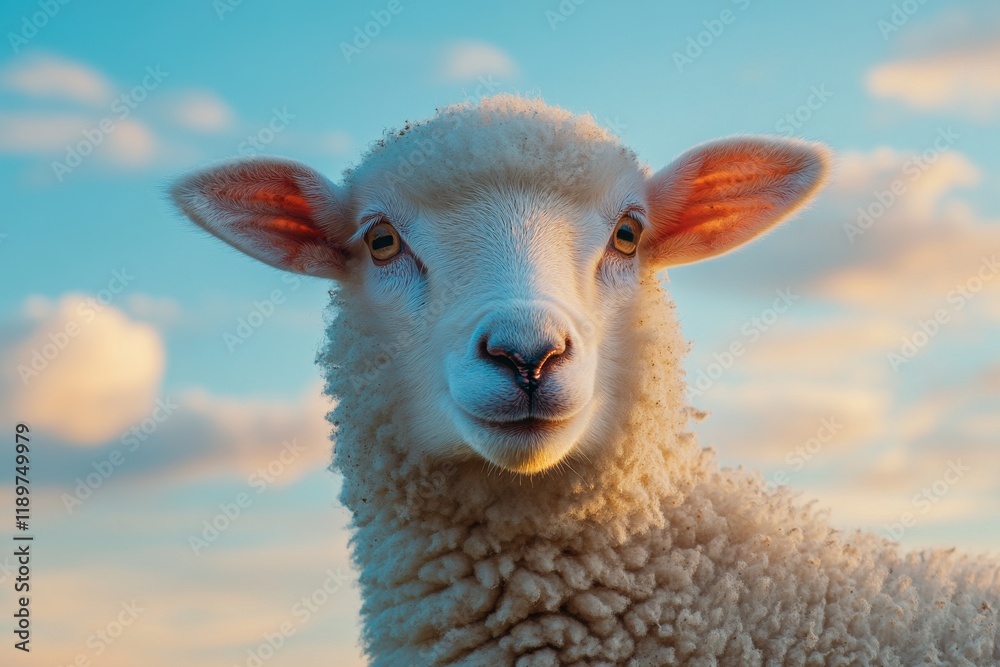 Fototapeta premium Close-up portrait of a fluffy white lamb against a vibrant sunset sky.